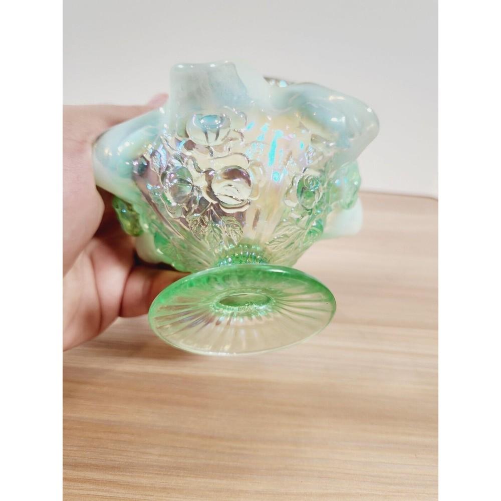 Fenton Green Opalescent Iridescent‎ Ruffled Wavy Roses Floral Basket with Handle - Picture 5 of 7